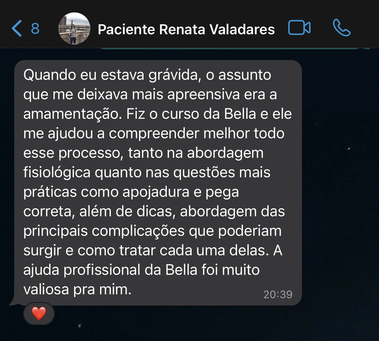 Depoimento de paciente sobre curso de amamentação
