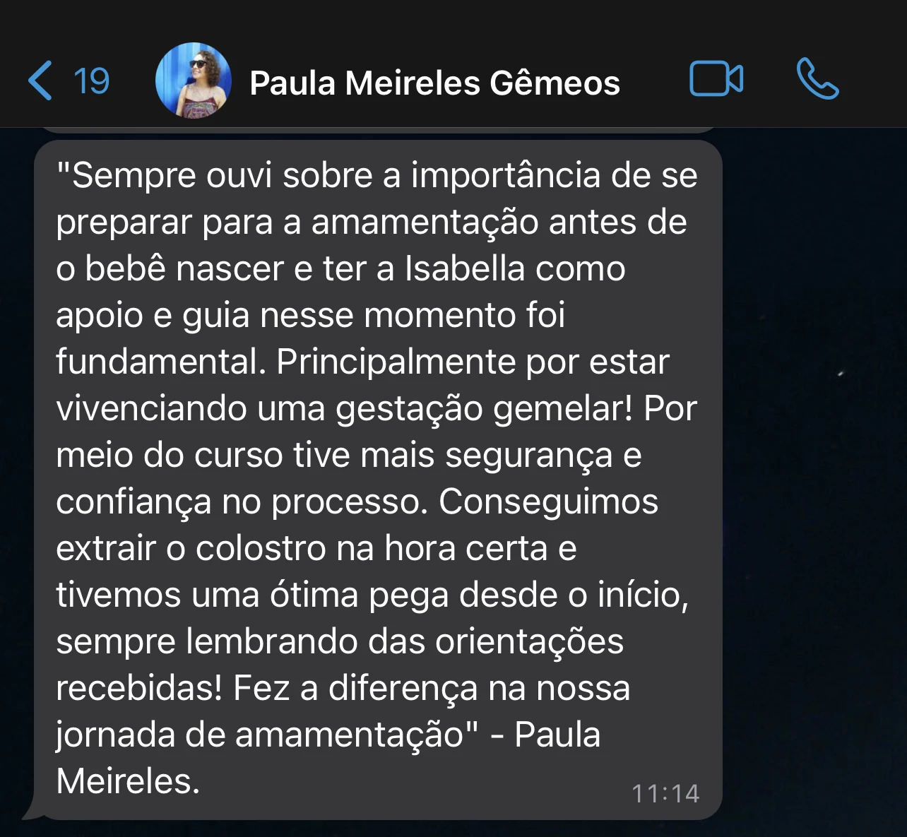 Depoimento de paciente sobre preparação para amamentação