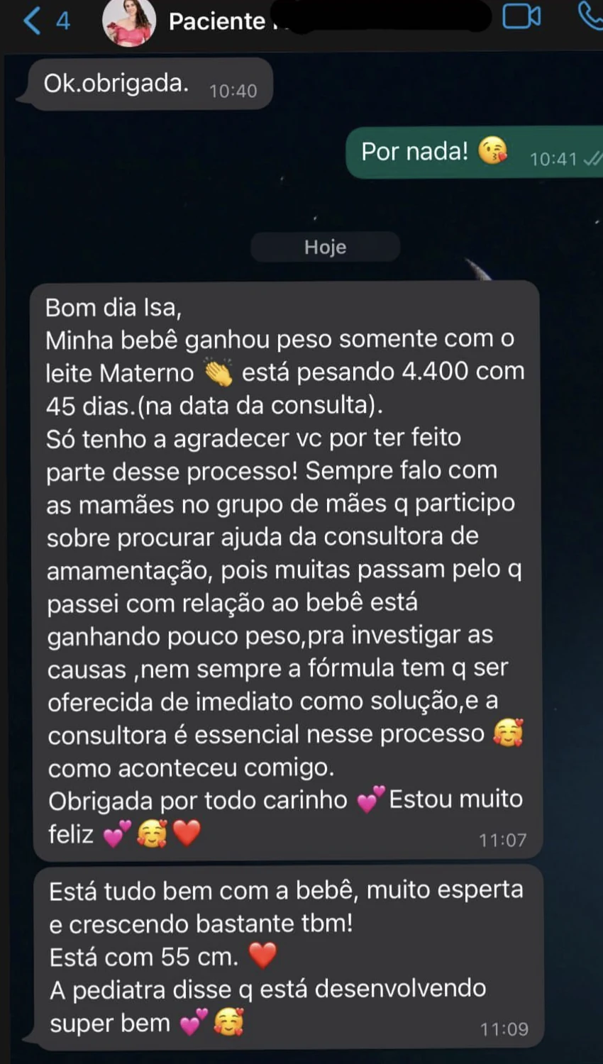 Depoimento de paciente sobre ganho de peso do bebê