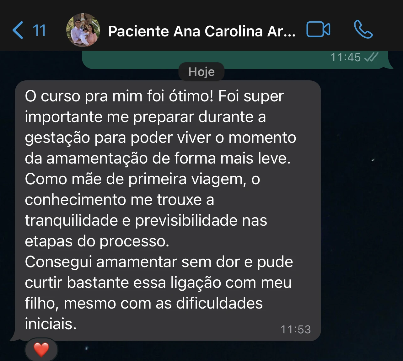 Depoimento de paciente sobre curso e amamentação sem dor